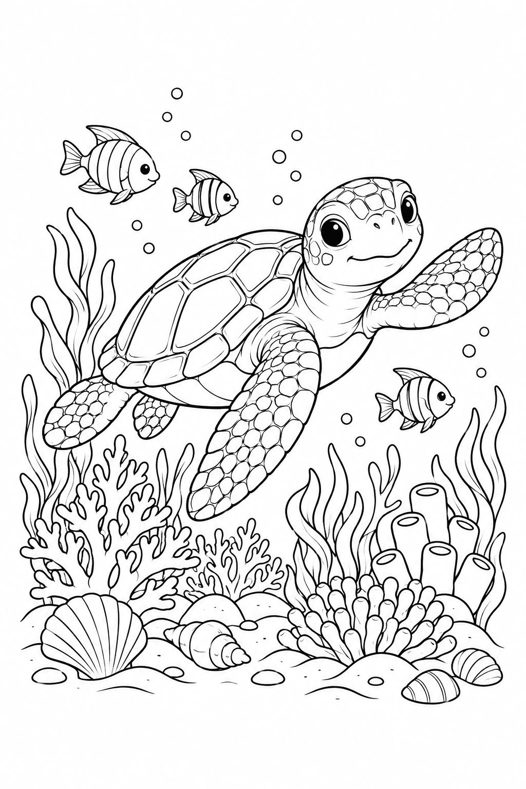 Black line-art sea turtle swimming above coral and shells with three fish