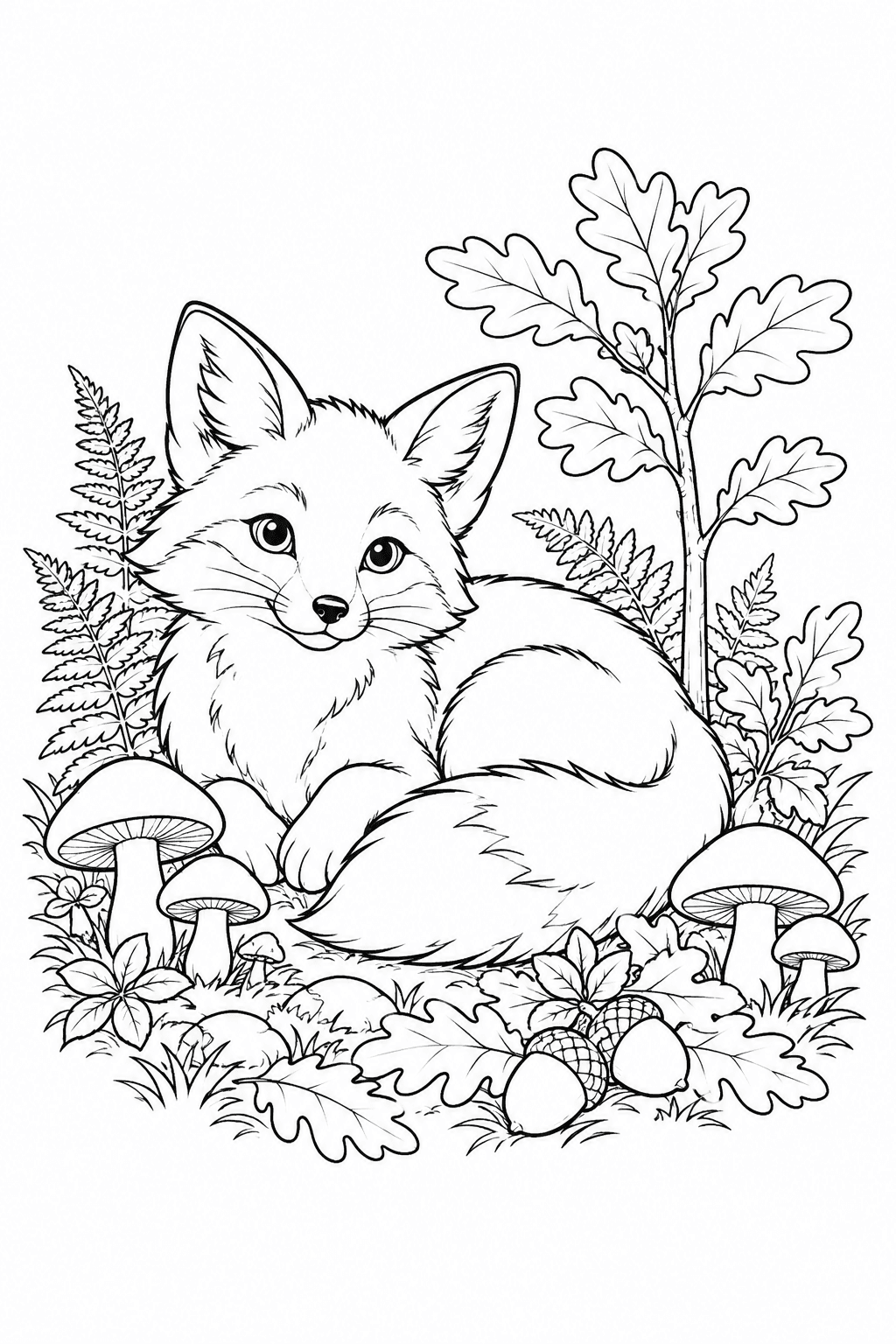 Black line-art fox among ferns, mushrooms and oak leaves