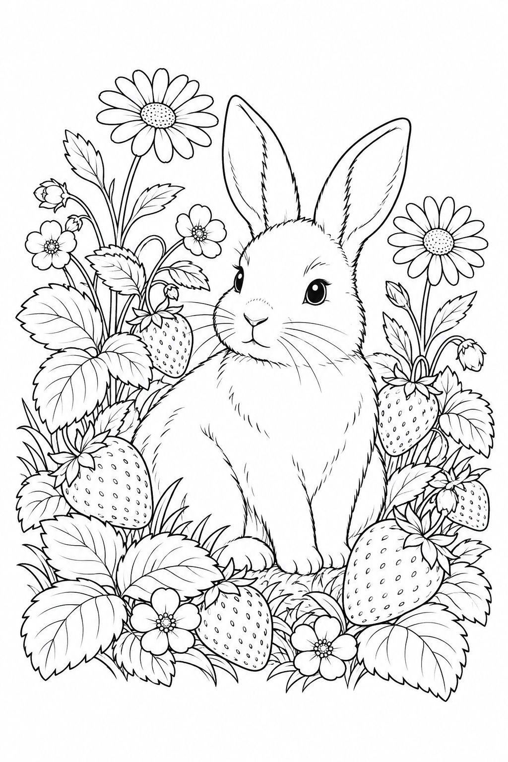 A rabbit among strawberries and daisies on a white coloring page