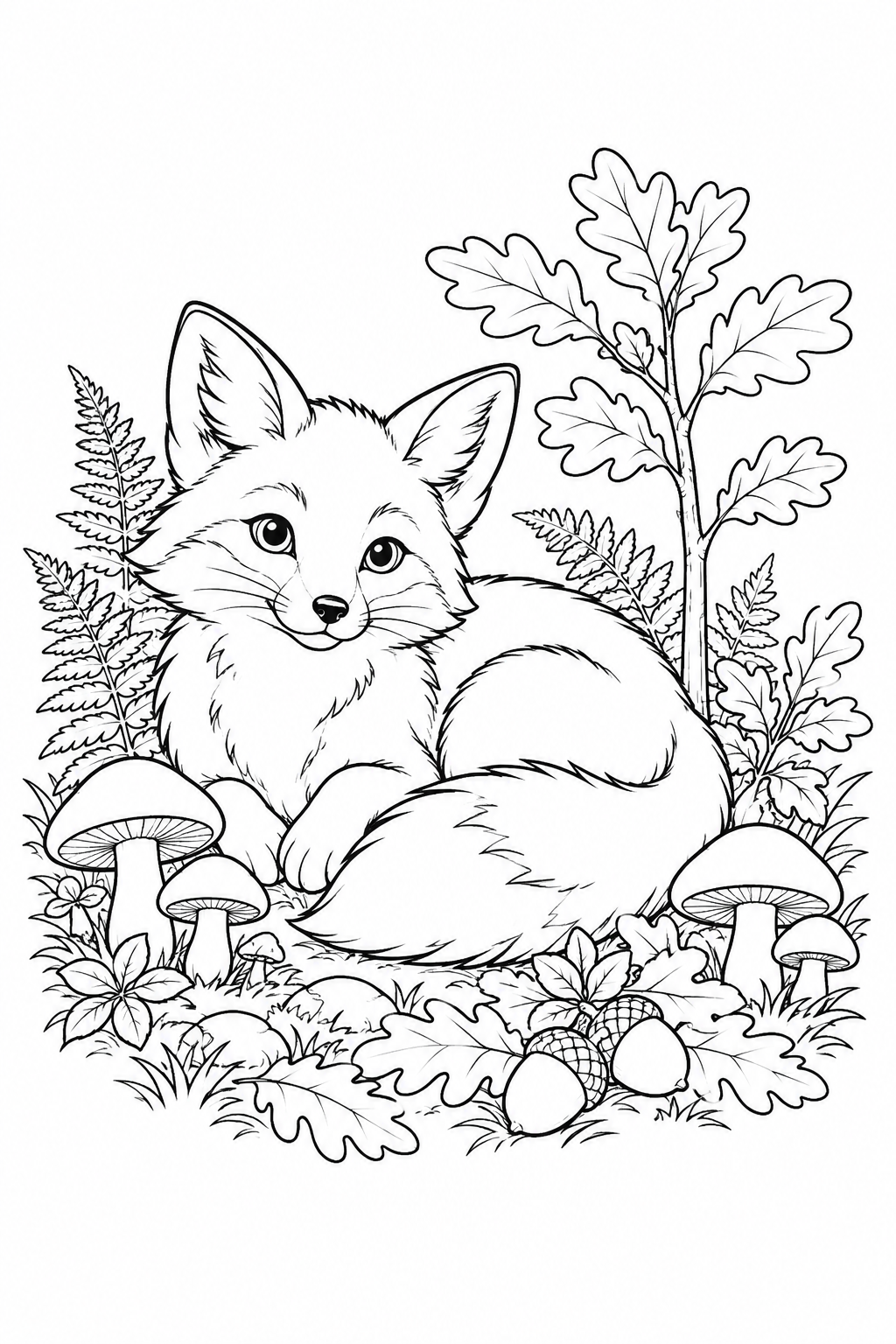 Black line-art fox surrounded by woodland plants on a white page